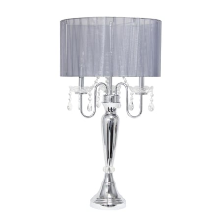 Elegant Designs LT1034-GRY Romantic Sheer Shade Table Lamp With Hanging Crystals; Gray